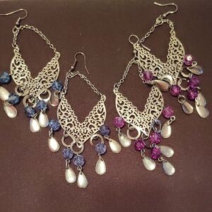 Silver Chandelier Earrings with Blue + Purple Bead Accents